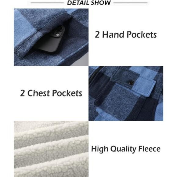 Men's Flannel Shirt Fleece Sherpa Lined Plaid Jackets Coat Full Zip Up Hoodie - Picture 4 of 7